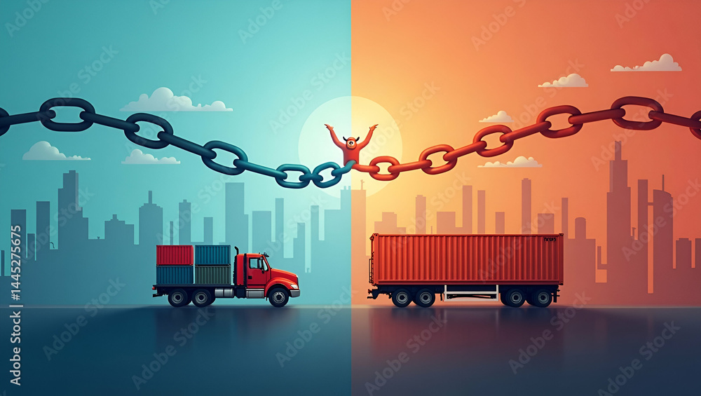 Poster split screen graphic contrasting free trade and protectionism ideologies with supply chain imagery o