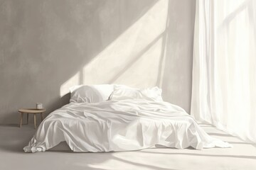 Sunlit bedroom with unmade bed, minimalist aesthetic, peaceful morning scene.