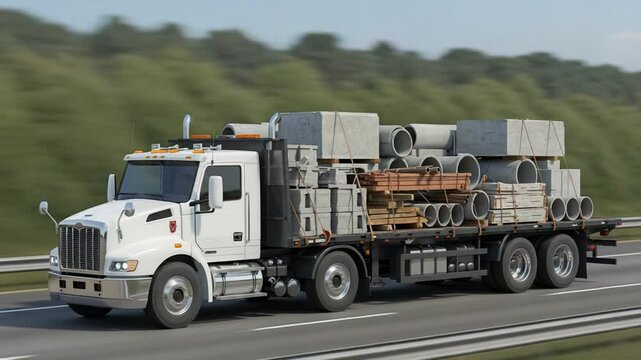 White flatbed truck hauling building materials. 4K Video