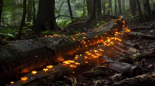Foxfire fungi glow faintly rotting logs illuminating an ancient forest floor