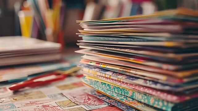 Vibrant stack of colorful envelopes and papers in motion