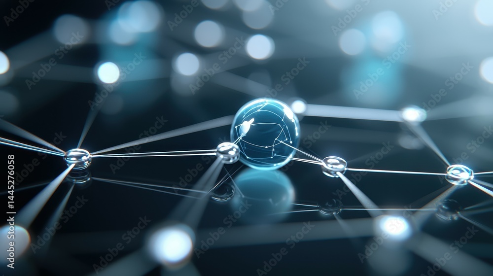 Poster abstract close-up of interconnected spheres and lines representing a neural network.