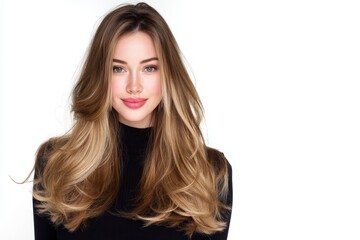 Naklejka premium Model with long, styled hair poses confidently in a studio setting during a photoshoot