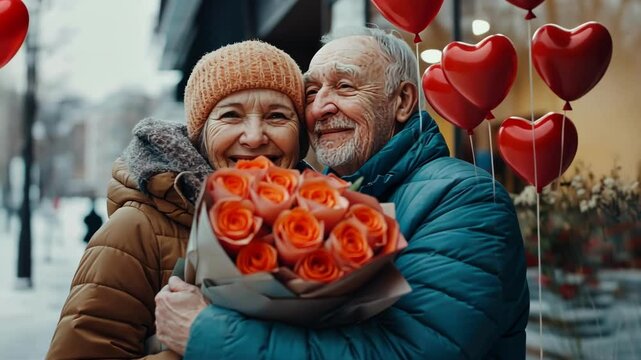 Elderly caucasian couple embracing with valentines roses in winter city street scene. The 14th of February. Happy Valentine's Day