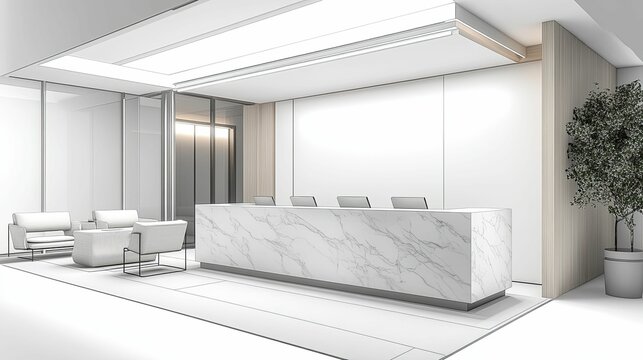 Modern minimalist reception area architectural sketch.