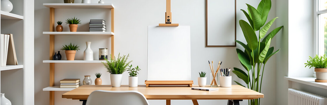 Modern workspace features a wooden easel, bookcase, and decorative artwork amidst painting supplies and elegant personal touches._00001_