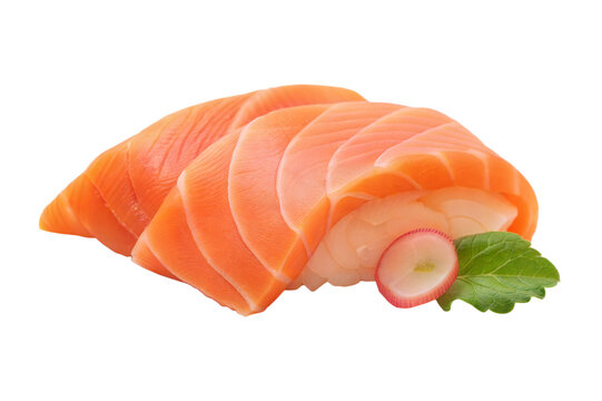 Clean Isolated Salmon Sushi with Mint Leaf Ideal for Stock Images and Ads