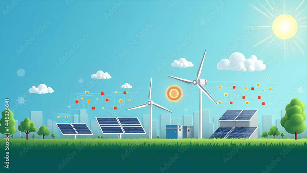 Poster illustration of renewable energy solution workflow showing solar panels wind turbines and battery st