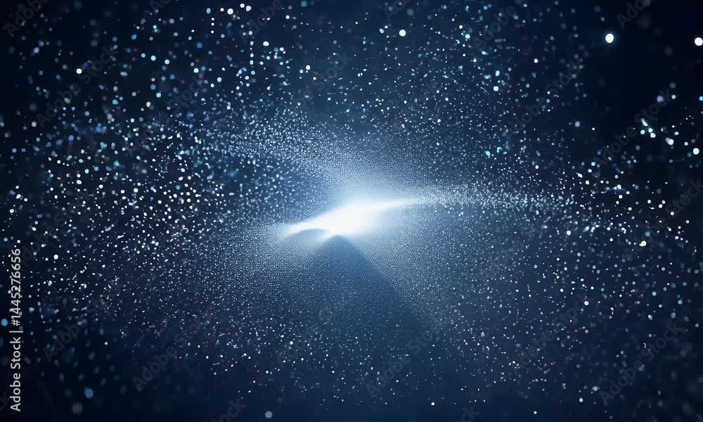 Poster abstract digital wave of glowing particles and energy flows in a dark background.