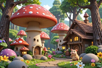 Enchanting Fantasy Forest Village with Cute Hamster near Mushroom Houses