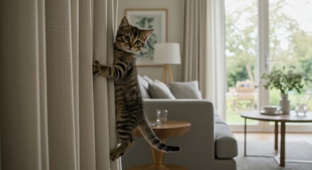 Realistic 8K playful kitten climbing curtains in a living room