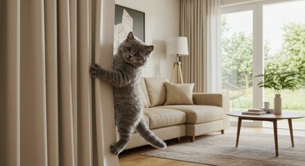 Realistic 8K playful kitten climbing curtains in a living room