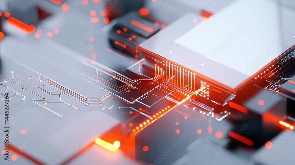 Poster futuristic technology close-up with intricate circuit design and glowing elements.