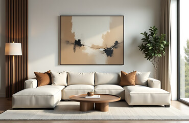 Modern living space combines abstract art, soft light, and textured fabrics and sculptural elements in a comfortable atmosphere._00001_