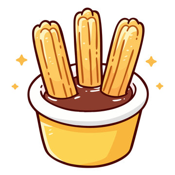 Crispy churros dipped in bowl of hot chocolate sauce cream, doodle isolated cute clean and simple cartoon vector illustration