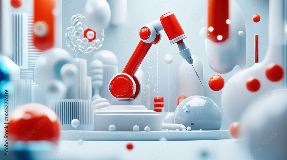 Poster a futuristic red robotic arm depicting advanced technology in a white and minimalist setting.