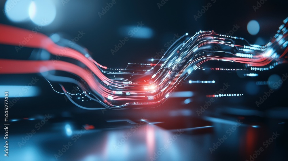 Aufkleber abstract futuristic background with flowing lines and glowing particles in blue and red.
