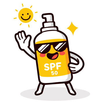Happy SPF 50 sunscreen bottle character waving hand, doodle cartoon, kawaii isolated cute clean and simple vector illustration