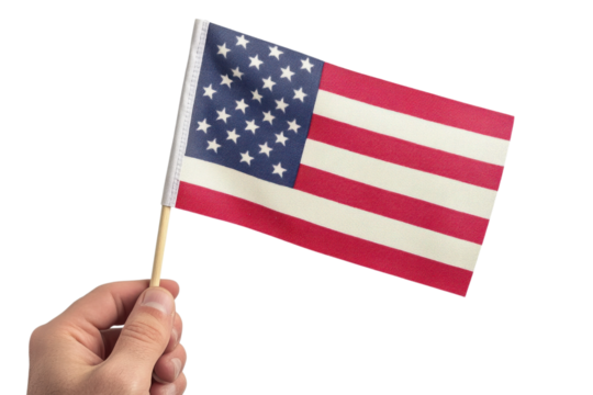 American Flag Handheld Patriotism Symbol USA National Pride Red Blue Stars White Image Banner on transparent background