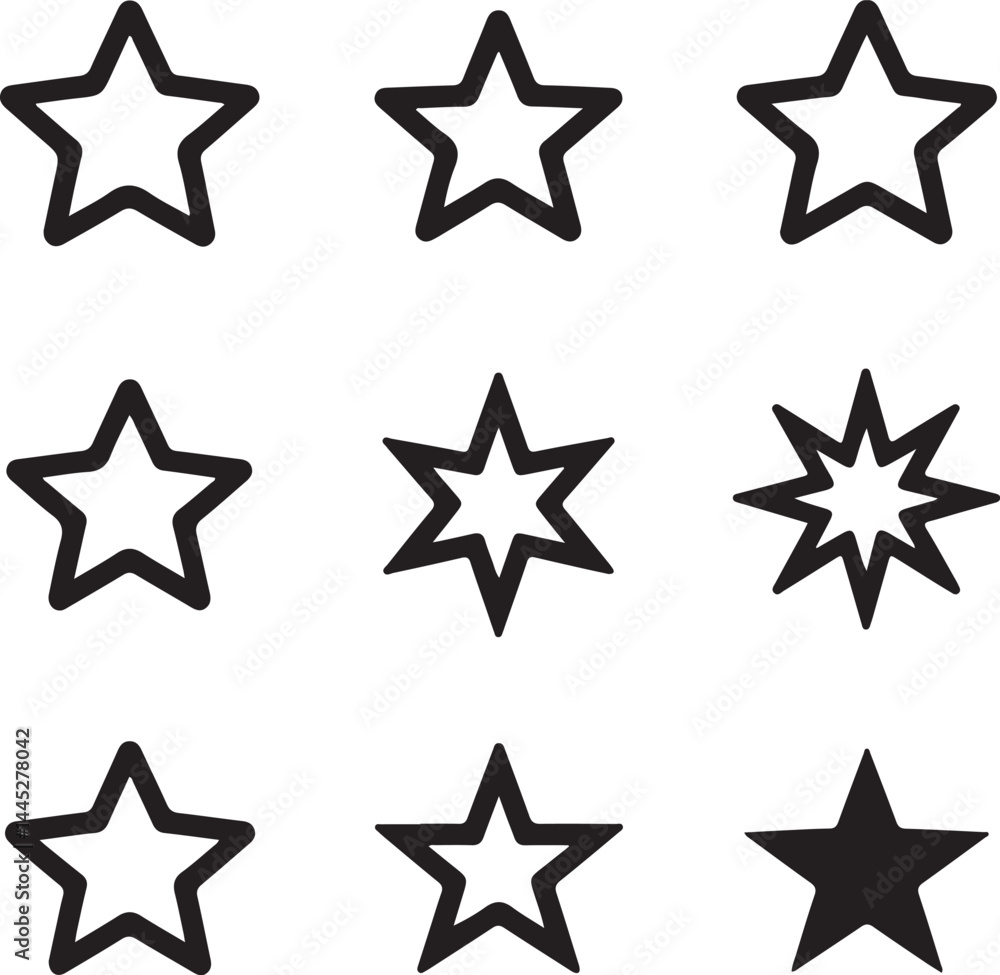 Poster nine different star icons set for rating and design