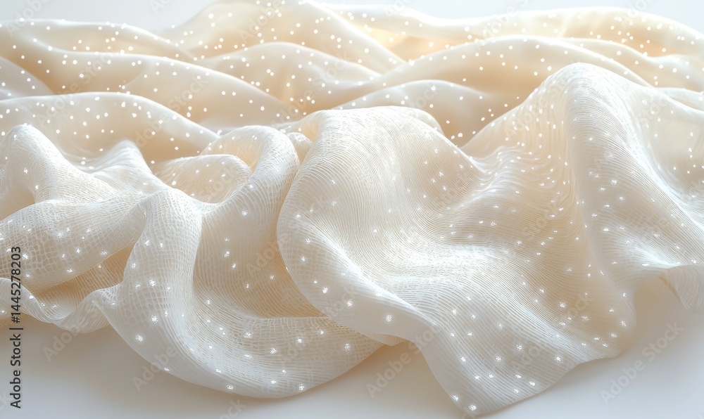 Poster draped cream-colored fabric with subtle textured pattern and scattered small dots