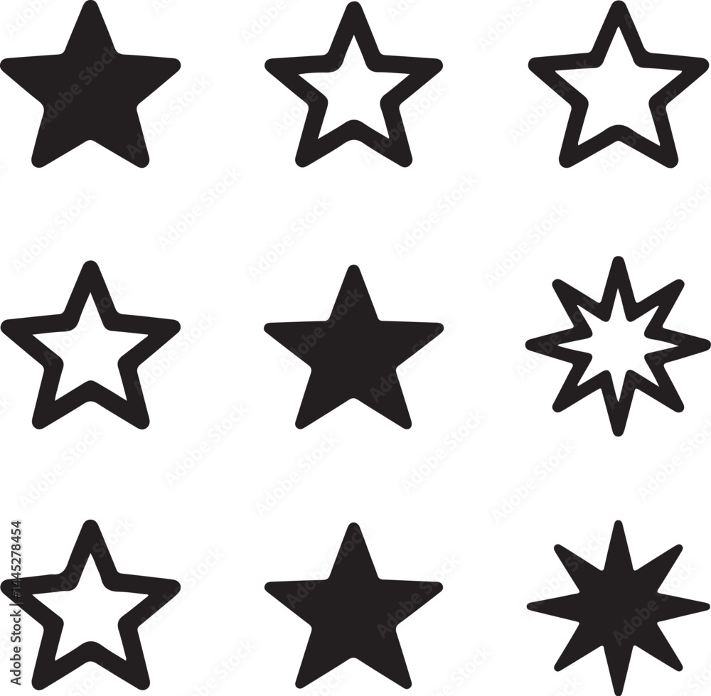 Poster nine different star icons set for design projects