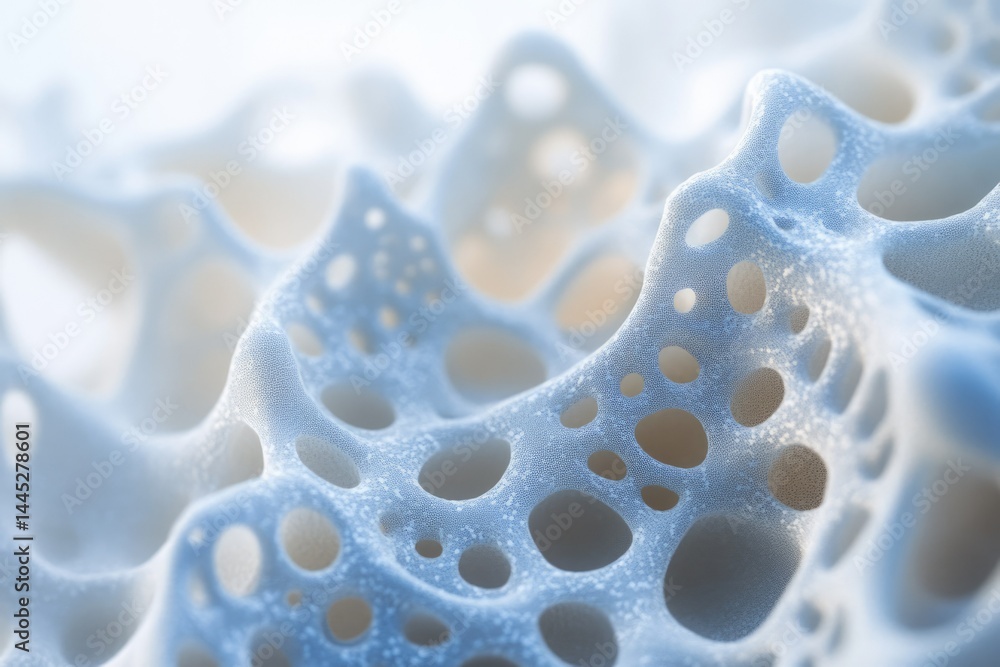 Poster abstract 3d rendering of a porous, textured, blue and white surface resembling a complex network or 