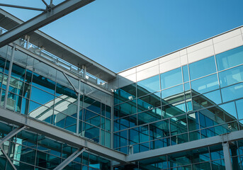 Obraz premium Modern Architecture Blue Glass Building Exterior with Sky and Steel Beams - Contemporary Urban Design.