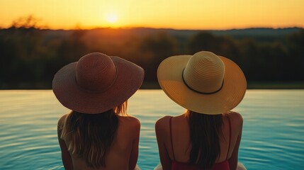 Two friends relax by the pool at sunset, enjoying the beautiful view. Their hats shade them from the warm sun. A perfect moment shared.