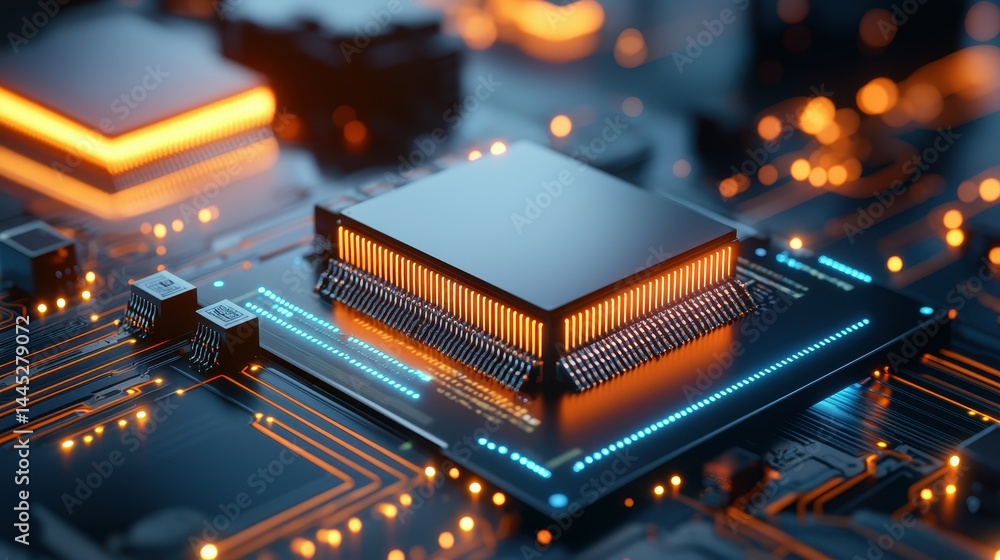 Poster close-up of a modern microprocessor on a circuit board with glowing led lights.