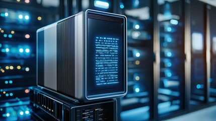 Close-up of a modern data server with illuminated interface in a high-tech environment.
