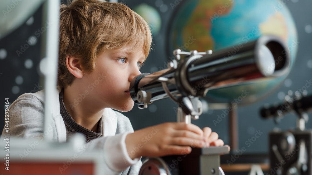 Poster This child uses a telescope to explore celestial bodies in an engaging astronomy lesson.