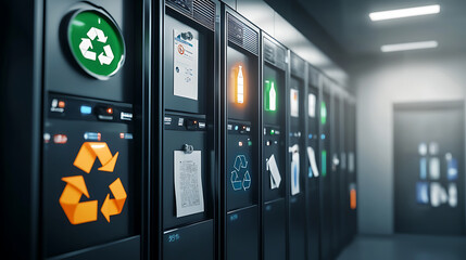 Recycling stations and waste management solutions urban setting digital photography modern environment wide angle view sustainability focus