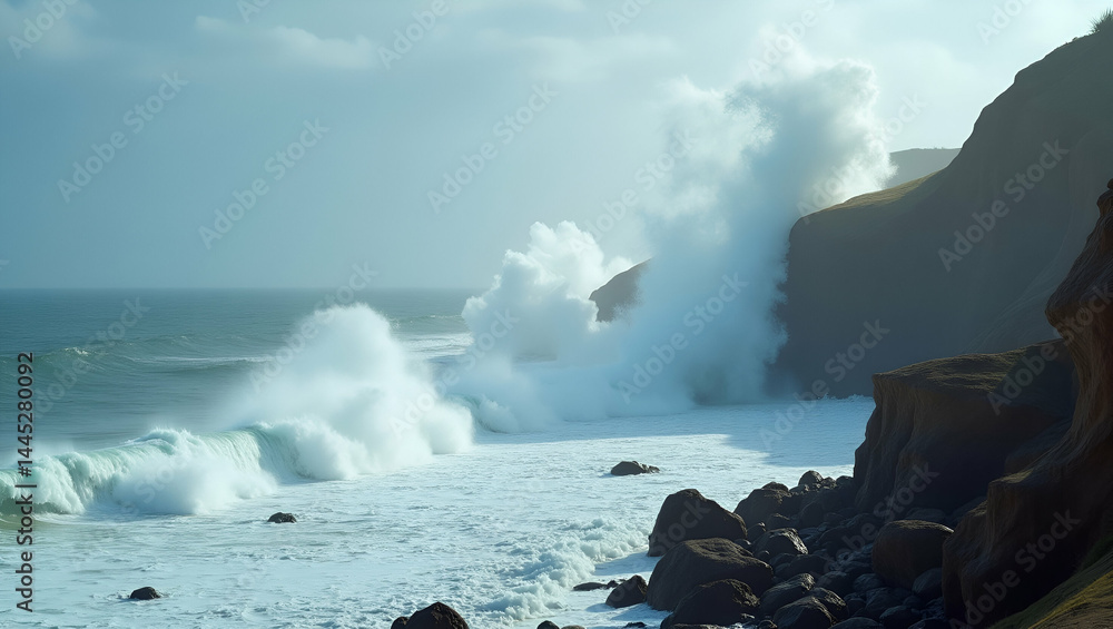 Poster dramatic coastal wave impact: massive wave crashing on coastal defense structures with geological fa