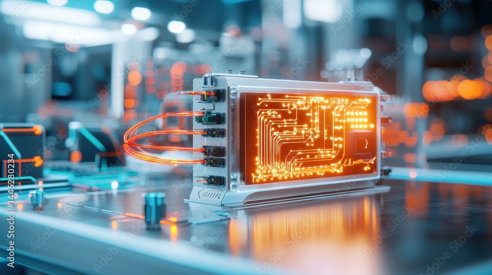 Poster close-up of a futuristic device with glowing circuitry in a modern tech environment.