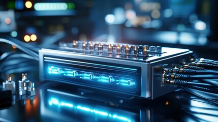 Naklejka premium Close-up of a sleek audio mixing console with glowing blue lights and intricate cables.
