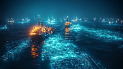 Digital network overlay on a maritime fleet at night.