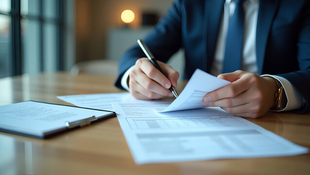 Trade economist reviewing USA goods taxation tables alongside import declarations and tax code references in conference setting in  Photo Stock  Concept  and empty space on the left side