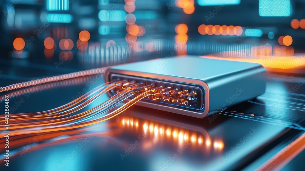 Poster close-up of a modern data hub with glowing wires, emphasizing technology and connectivity.