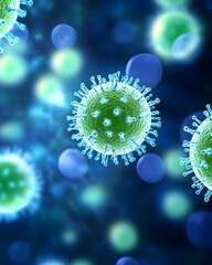 Microscopic view of viruses, green and spiky, floating amidst blue cells