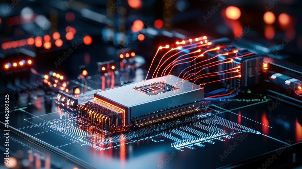 Poster close-up of a futuristic microchip with glowing connections on a dark circuit board.