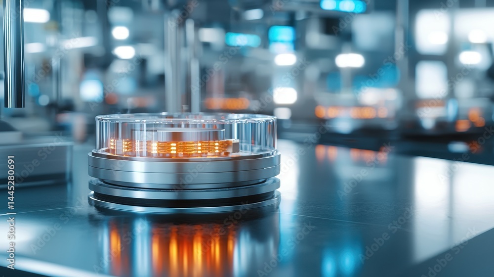 Poster close-up of a futuristic tech component illuminated in an industrial workspace.