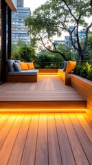 Modern outdoor deck with built-in seating, warm lighting, and city backdrop