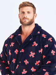 Navy fleece dressing gown with red cross pattern, shawl collar, and button closure