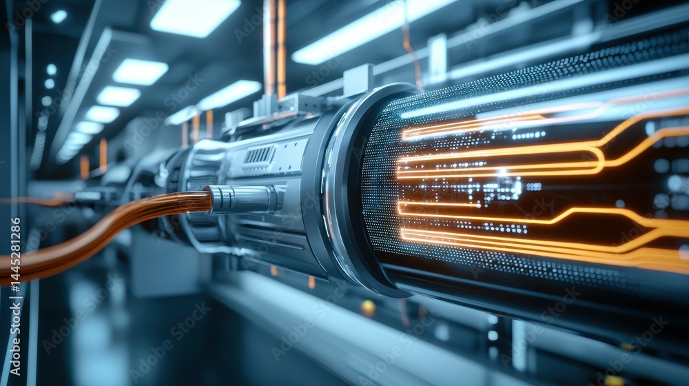 Poster futuristic technology with glowing circuits and streamlined design.