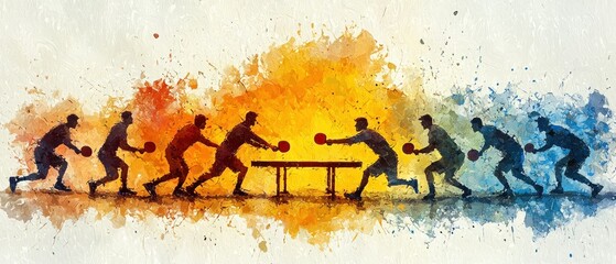 Dynamic watercolor painting of table tennis players in action, vibrant colors depicting intense gameplay