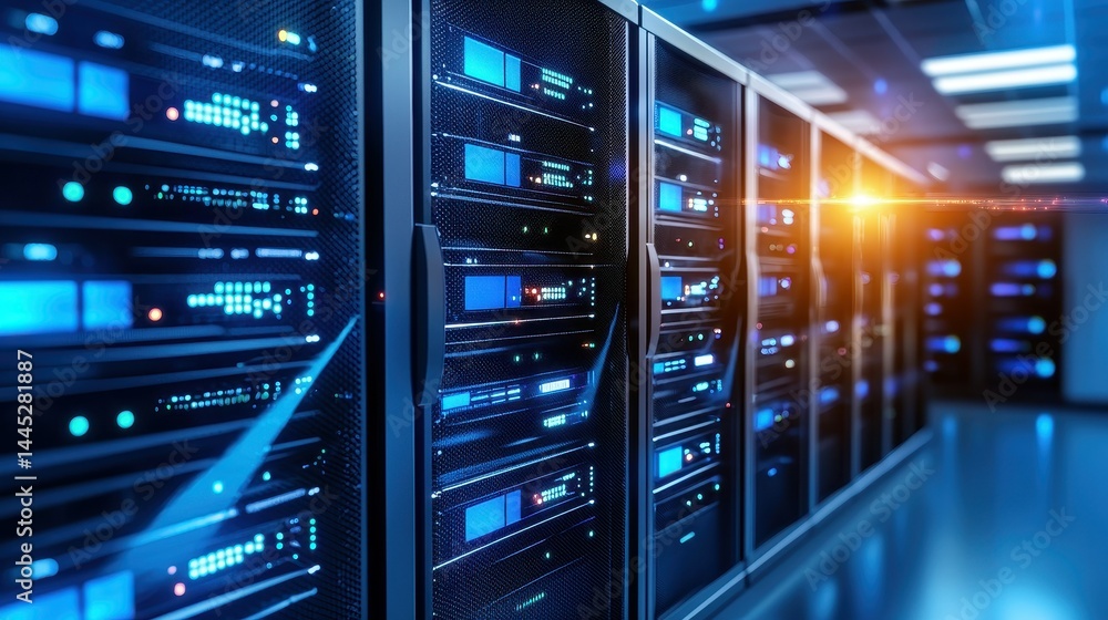 Poster high-tech server room with glowing blue lights illuminating multiple server racks.