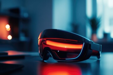 Futuristic sleek goggles with glowing red lenses, showcasing advanced technology.
