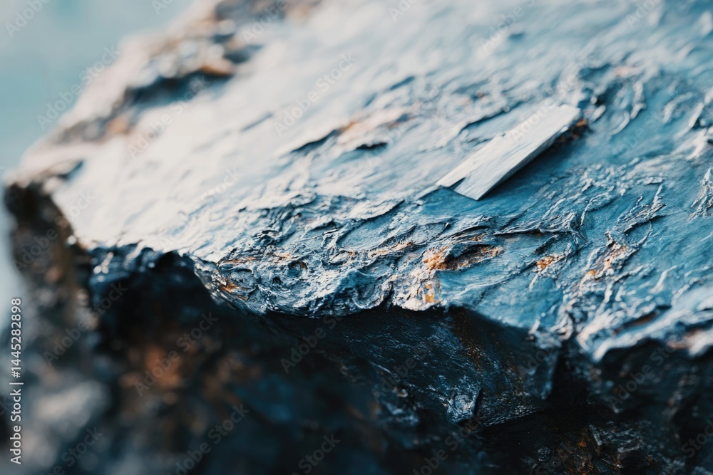 Poster close-up of a dark, textured rock surface with a small, light-colored object resting on it.