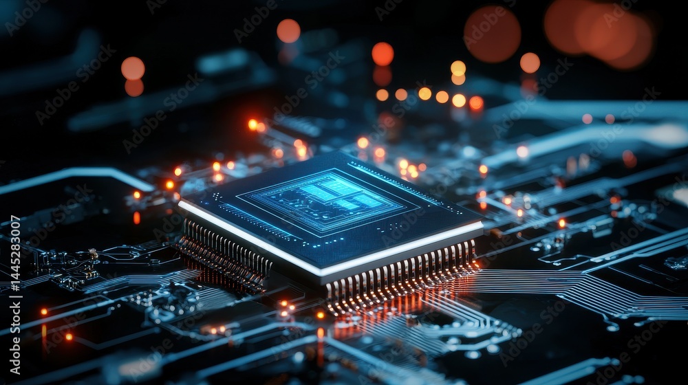 Poster close-up of a blue illuminated computer microchip on a circuit board.